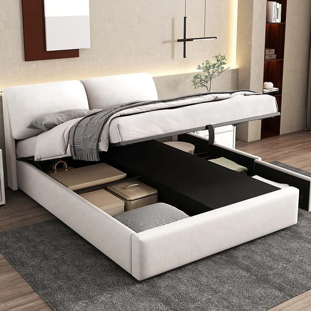 Okwish Lit coffre 140x200 cm - lit double capitonné élégant en velours avec 3 tiroirs et rangement hydraulique - blanc - sans matelas* Lit Coffre