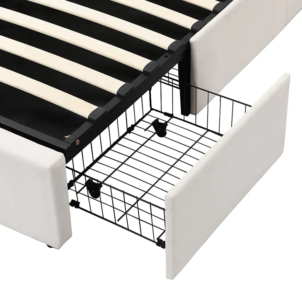 Okwish Lit coffre 140x200 cm - lit double capitonné élégant en velours avec 3 tiroirs et rangement hydraulique - blanc - sans matelas* Lit Coffre