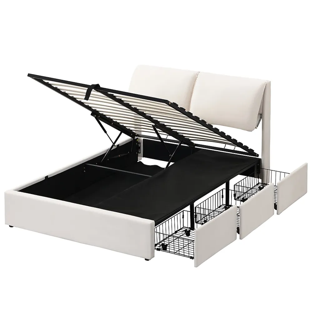 Okwish Lit coffre 140x200 cm - lit double capitonné élégant en velours avec 3 tiroirs et rangement hydraulique - blanc - sans matelas* Lit Coffre
