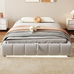 Lit Coffre 140x200 cm - Lit Double avec Rangement Intégré et Éclairage LED - Sans Matelas, Velours Beige>Okwish Sale