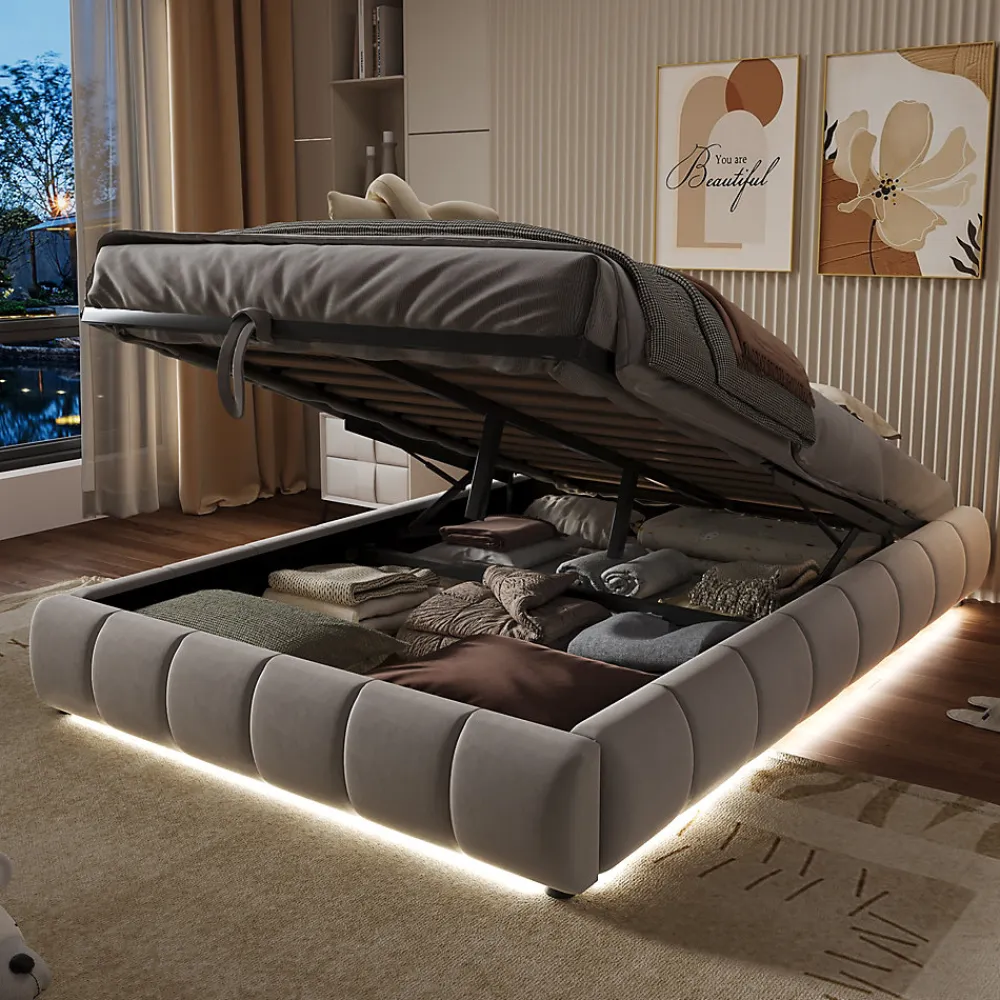 Lit Coffre 140x200 cm - Lit Double avec Rangement Intégré et Éclairage LED - Sans Matelas, Velours Beige>Okwish Sale