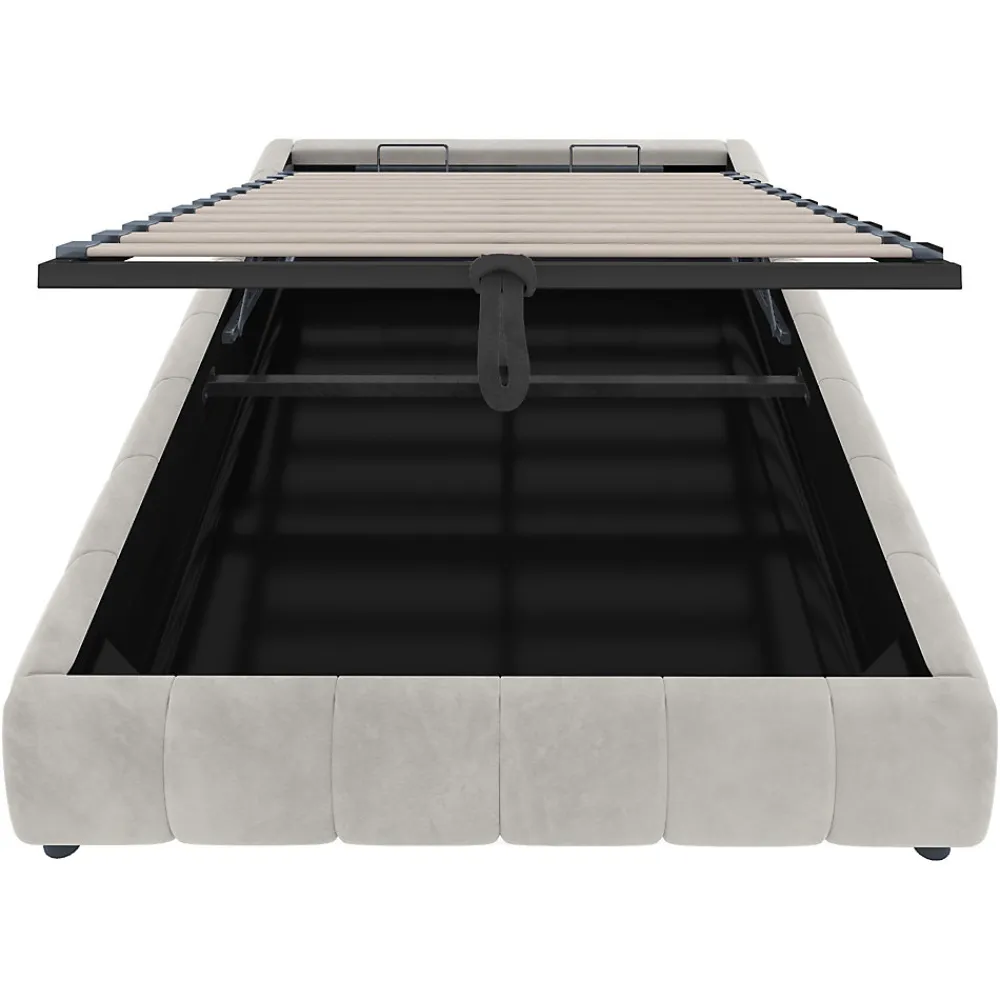Lit Coffre 140x200 cm - Lit Double avec Rangement Intégré et Éclairage LED - Sans Matelas, Velours Beige>Okwish Sale