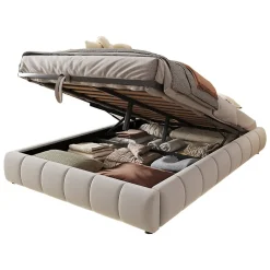 Lit Coffre 140x200 cm - Lit Double avec Rangement Intégré et Éclairage LED - Sans Matelas, Velours Beige><noscript><img width=
