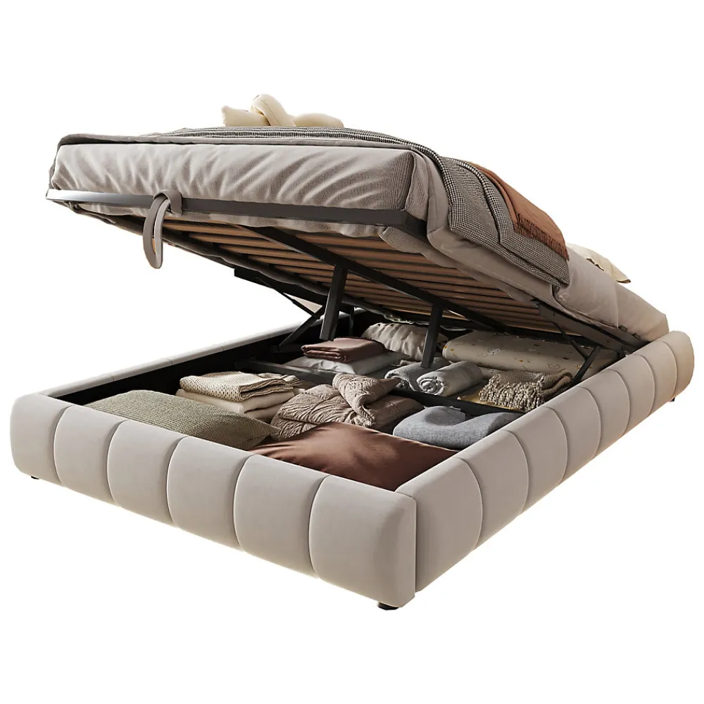 Lit Coffre 140x200 cm - Lit Double avec Rangement Intégré et Éclairage LED - Sans Matelas, Velours Beige>Okwish Sale