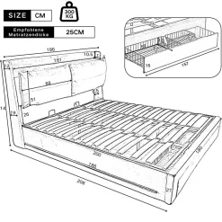 Generique Lit coffre 180x200 cm - Lit Double Capitonné avec Tiroirs et Éclairage LED - Velours - Sans Matelas - Gris* Lit Coffre