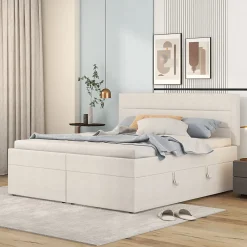 Lit coffre 140x200 cm - Lit double avec sommier à lattes et tête de lit - ouverture2 côtés en Lin - Beige>Simple Life New