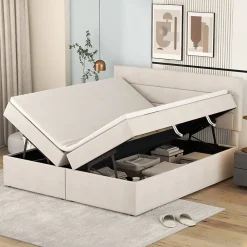Lit coffre 140x200 cm - Lit double avec sommier à lattes et tête de lit - ouverture2 côtés en Lin - Beige>Simple Life New
