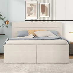 Lit coffre 140x200 cm - Lit double avec sommier à lattes et tête de lit - ouverture2 côtés en Lin - Beige><noscript><img width=