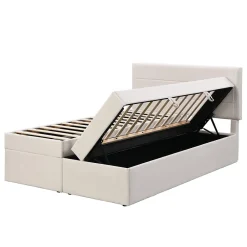 Lit coffre 140x200 cm - Lit double avec sommier à lattes et tête de lit - ouverture2 côtés en Lin - Beige><noscript><img width=