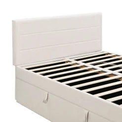 Lit coffre 140x200 cm - Lit double avec sommier à lattes et tête de lit - ouverture2 côtés en Lin - Beige><noscript><img width=
