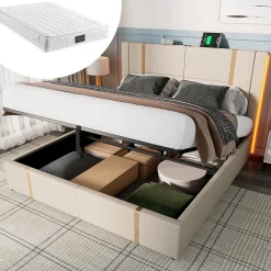 Okwish Lit coffre 140x200 cm - Lit double capitonné avec LED et chargement USB Type C - Textile en lin - Matelas Inclus - Beige* Ensemble Sommier Et Matelas