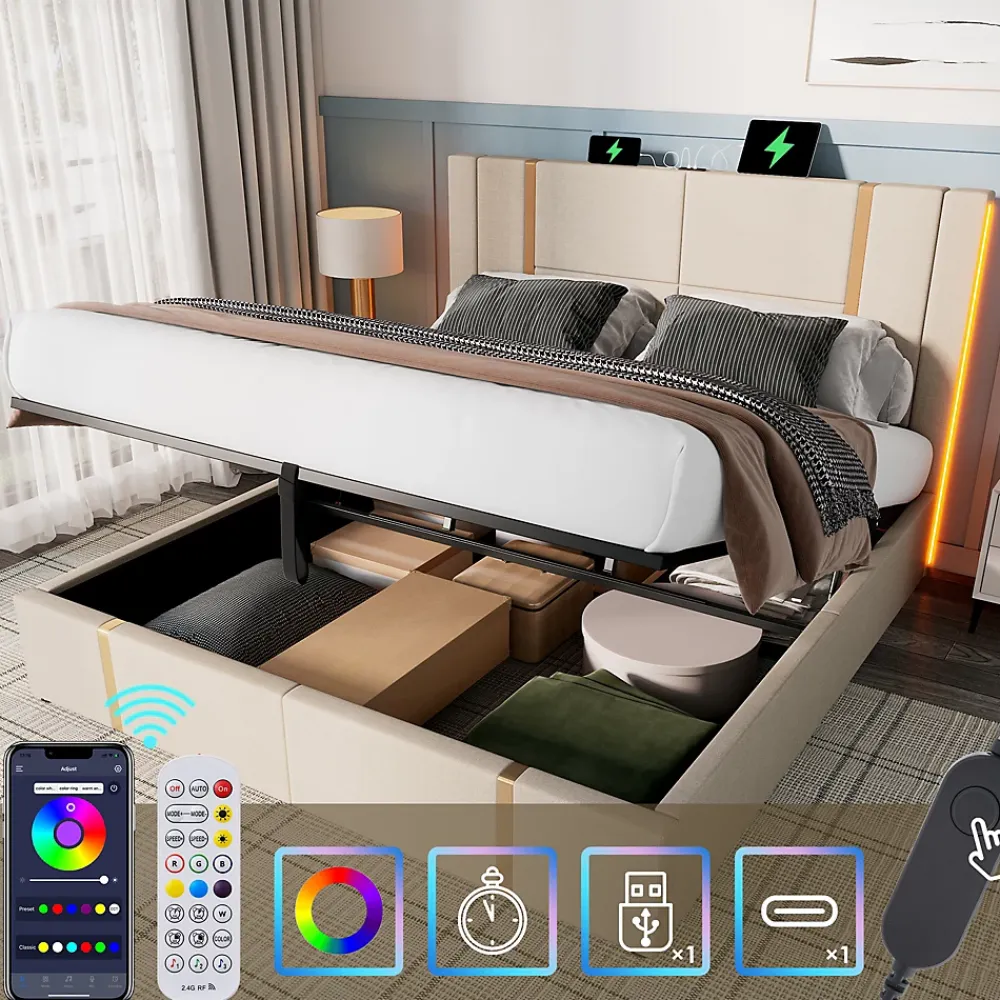Okwish Lit coffre 140x200 cm - Lit double capitonné avec LED et chargement USB Type C - Textile en lin - Matelas Inclus - Beige* Ensemble Sommier Et Matelas