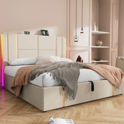 Okwish Lit coffre 140x200 cm - Lit double capitonné avec LED et chargement USB Type C - Textile en lin - Matelas Inclus - Beige* Ensemble Sommier Et Matelas