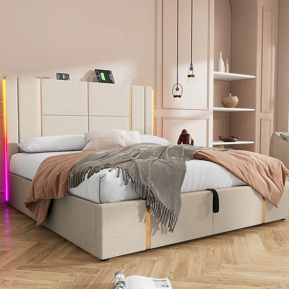 Okwish Lit coffre 140x200 cm - Lit double capitonné avec LED et chargement USB Type C - Textile en lin - Matelas Inclus - Beige* Ensemble Sommier Et Matelas