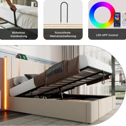 Okwish Lit coffre 140x200 cm - Lit double capitonné avec LED et chargement USB Type C - Textile en lin - Matelas Inclus - Beige* Ensemble Sommier Et Matelas