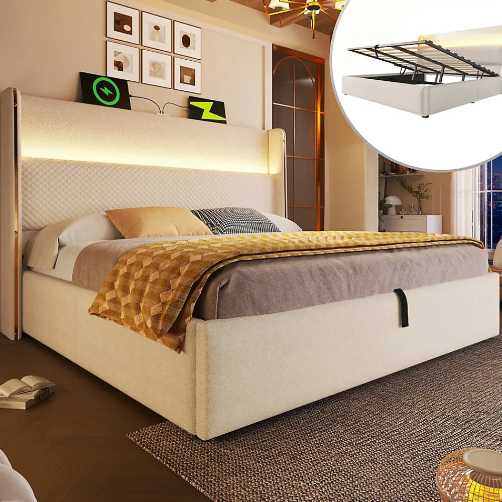 Lit Coffre 180x200 cm - Lit Double avec Sommier Relevable et Rangement - Ports USB Type-C - Tissu Lin Beige - Sans Matelas>Okwish New