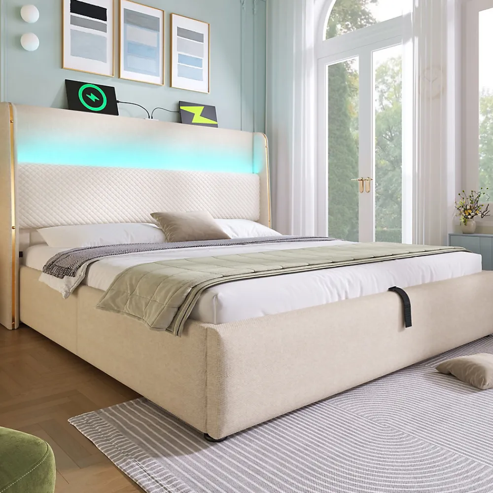 Lit Coffre 180x200 cm - Lit Double avec Sommier Relevable et Rangement - Ports USB Type-C - Tissu Lin Beige - Sans Matelas>Okwish New