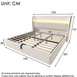 Lit Coffre 180x200 cm - Lit Double avec Sommier Relevable et Rangement - Ports USB Type-C - Tissu Lin Beige - Sans Matelas><noscript><img width=