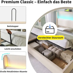 Lit Coffre 180x200 cm - Lit Double avec Sommier Relevable et Rangement - Ports USB Type-C - Tissu Lin Beige - Sans Matelas><noscript><img width=