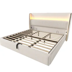 Lit Coffre 180x200 cm - Lit Double avec Sommier Relevable et Rangement - Ports USB Type-C - Tissu Lin Beige - Sans Matelas><noscript><img width=