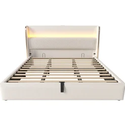 Lit Coffre 180x200 cm - Lit Double avec Sommier Relevable et Rangement - Ports USB Type-C - Tissu Lin Beige - Sans Matelas><noscript><img width=
