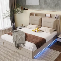 Generique Lit coffre 180x200 cm - Lit Double Capitonné avec Tiroirs et Éclairage LED - Velours - Sans Matelas - Beige* Lit Coffre