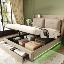 Generique Lit coffre 180x200 cm - Lit Double Capitonné avec Tiroirs et Éclairage LED - Velours - Sans Matelas - Beige* Lit Coffre