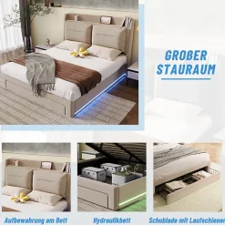 Generique Lit coffre 180x200 cm - Lit Double Capitonné avec Tiroirs et Éclairage LED - Velours - Sans Matelas - Beige* Lit Coffre