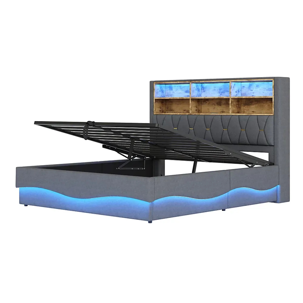 Okwish Lit Coffre 180x200 cm - Lit Double avec Rangement Hydraulique et Éclairage LED APP - avec Port USB - Lin et Métal - Gris* Lit Coffre