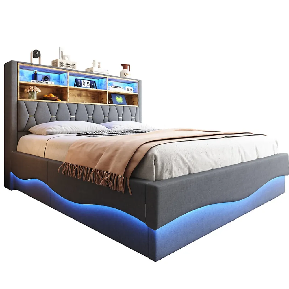 Okwish Lit Coffre 180x200 cm - Lit Double avec Rangement Hydraulique et Éclairage LED APP - avec Port USB - Lin et Métal - Gris* Lit Coffre