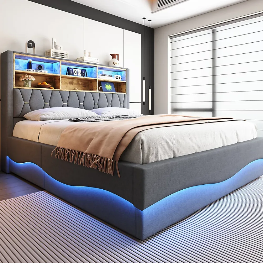 Okwish Lit Coffre 180x200 cm - Lit Double avec Rangement Hydraulique et Éclairage LED APP - avec Port USB - Lin et Métal - Gris* Lit Coffre