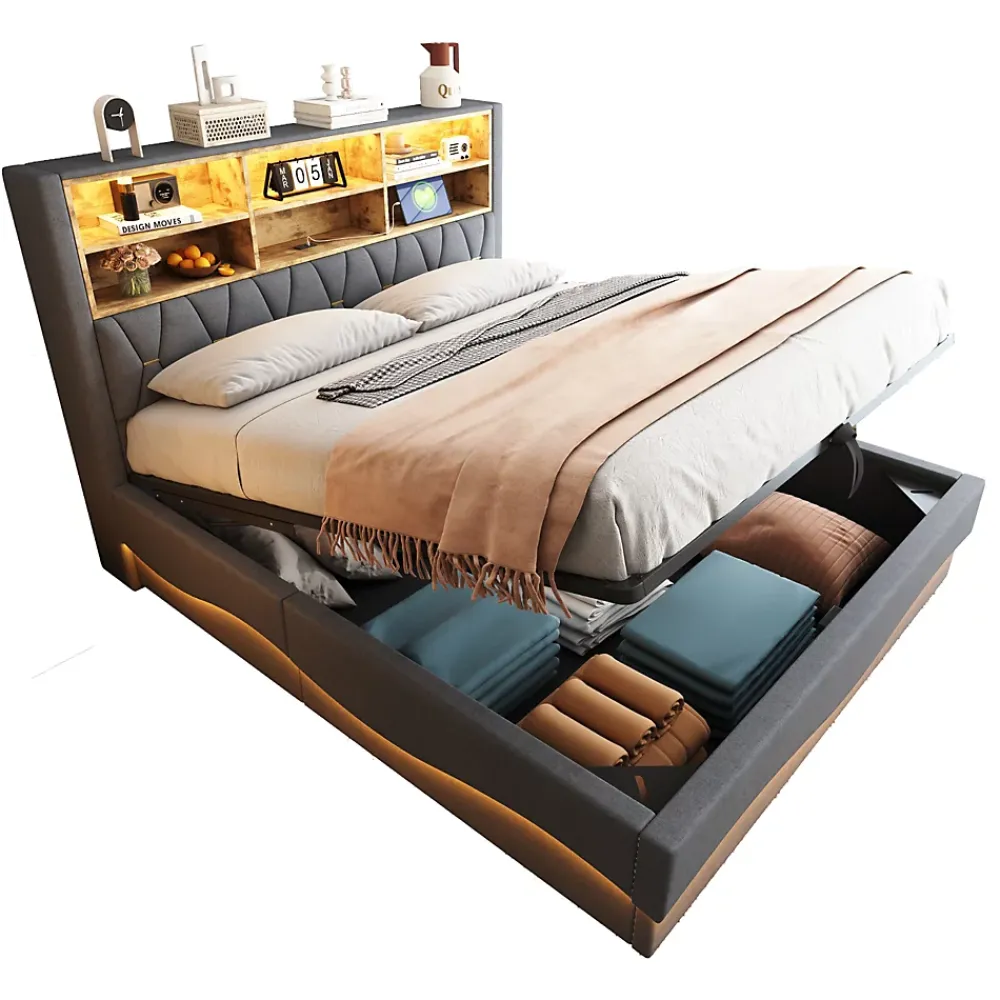 Okwish Lit Coffre 180x200 cm - Lit Double avec Rangement Hydraulique et Éclairage LED APP - avec Port USB - Lin et Métal - Gris* Lit Coffre