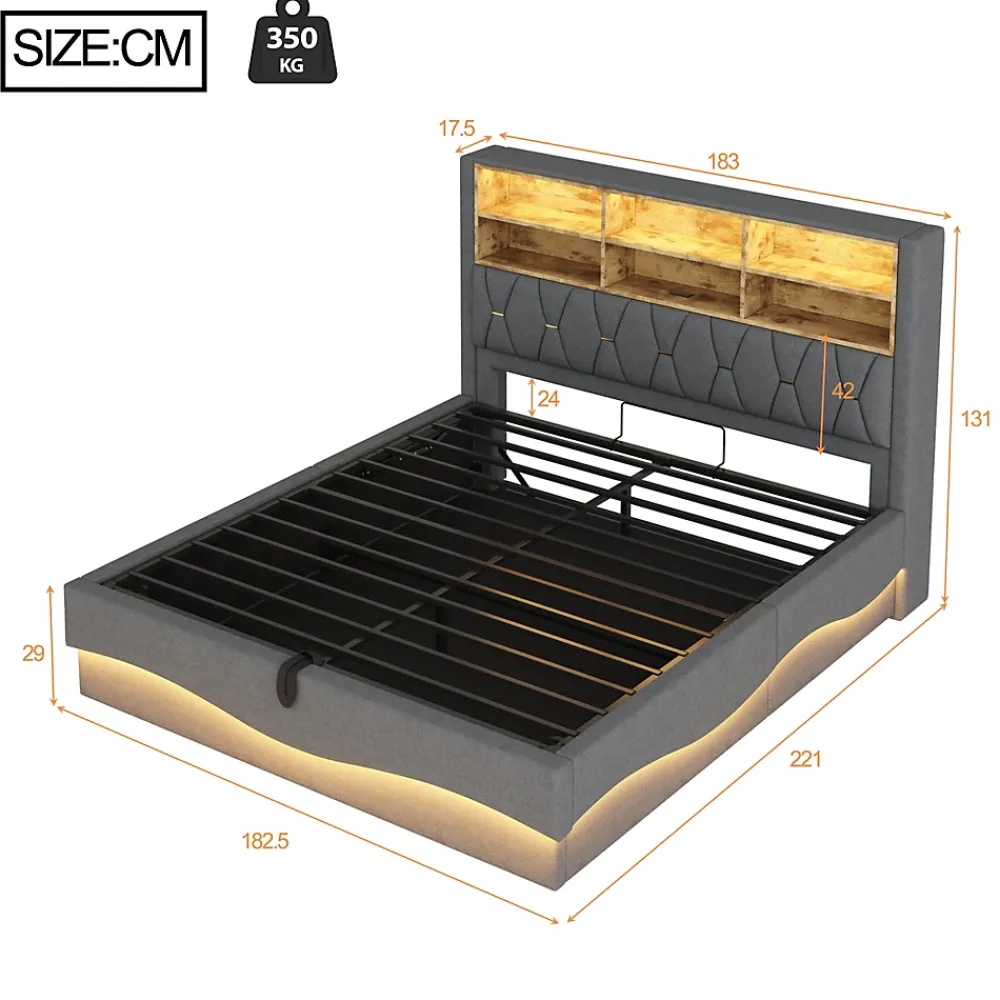 Okwish Lit Coffre 180x200 cm - Lit Double avec Rangement Hydraulique et Éclairage LED APP - avec Port USB - Lin et Métal - Gris* Lit Coffre
