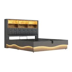 Okwish Lit Coffre 180x200 cm - Lit Double avec Rangement Hydraulique et Éclairage LED APP - avec Port USB - Lin et Métal - Gris* Lit Coffre