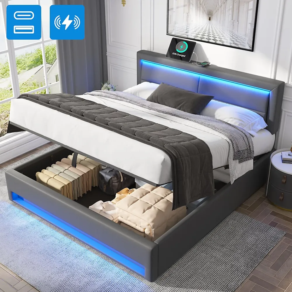 Generique Lit Coffre 140x200 cm - Lit Double Capitonné avec Port USB et Éclairage LED - Similicuir - Gris - Sans Matelas* Lit Coffre