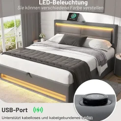 Generique Lit Coffre 140x200 cm - Lit Double Capitonné avec Port USB et Éclairage LED - Similicuir - Gris - Sans Matelas* Lit Coffre