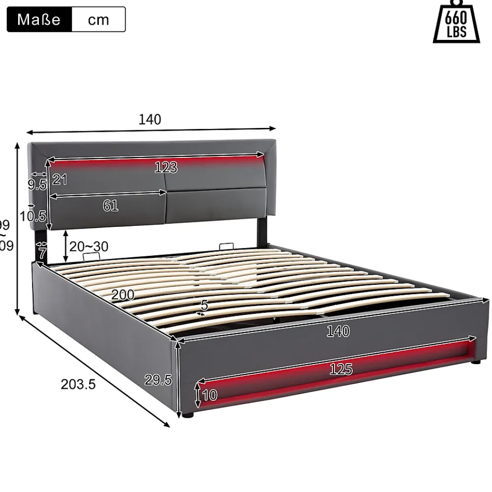Generique Lit Coffre 140x200 cm - Lit Double Capitonné avec Port USB et Éclairage LED - Similicuir - Gris - Sans Matelas* Lit Coffre