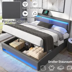 Generique Lit Coffre 140x200 cm - Lit Double Capitonné avec Port USB et Éclairage LED - Similicuir - Gris - Sans Matelas* Lit Coffre