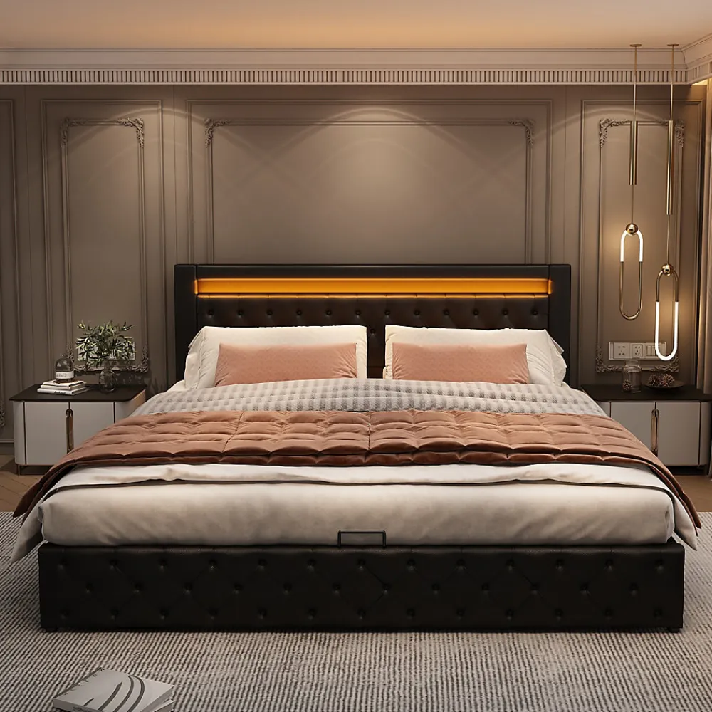 Lit coffre 180x200 cm - Lit double avec coffre de rangement et éclairage LED - Lit capitonné en cuir PU - Sans matelas - Noir>Okwish Best