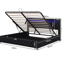 Lit coffre 180x200 cm - Lit double avec coffre de rangement et éclairage LED - Lit capitonné en cuir PU - Sans matelas - Noir><noscript><img width=