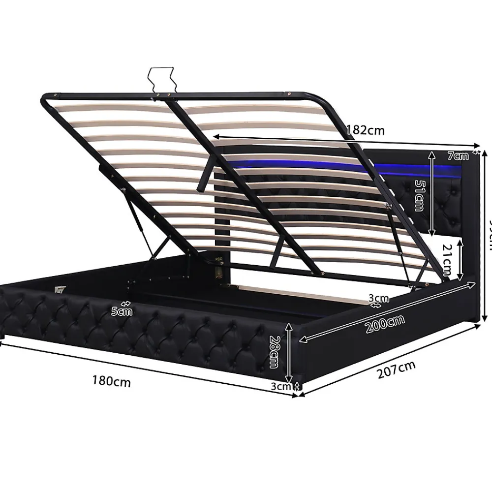 Lit coffre 180x200 cm - Lit double avec coffre de rangement et éclairage LED - Lit capitonné en cuir PU - Sans matelas - Noir>Okwish Best