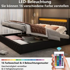 Lit coffre 180x200 cm - Lit double avec coffre de rangement et éclairage LED - Lit capitonné en cuir PU - Sans matelas - Noir><noscript><img width=
