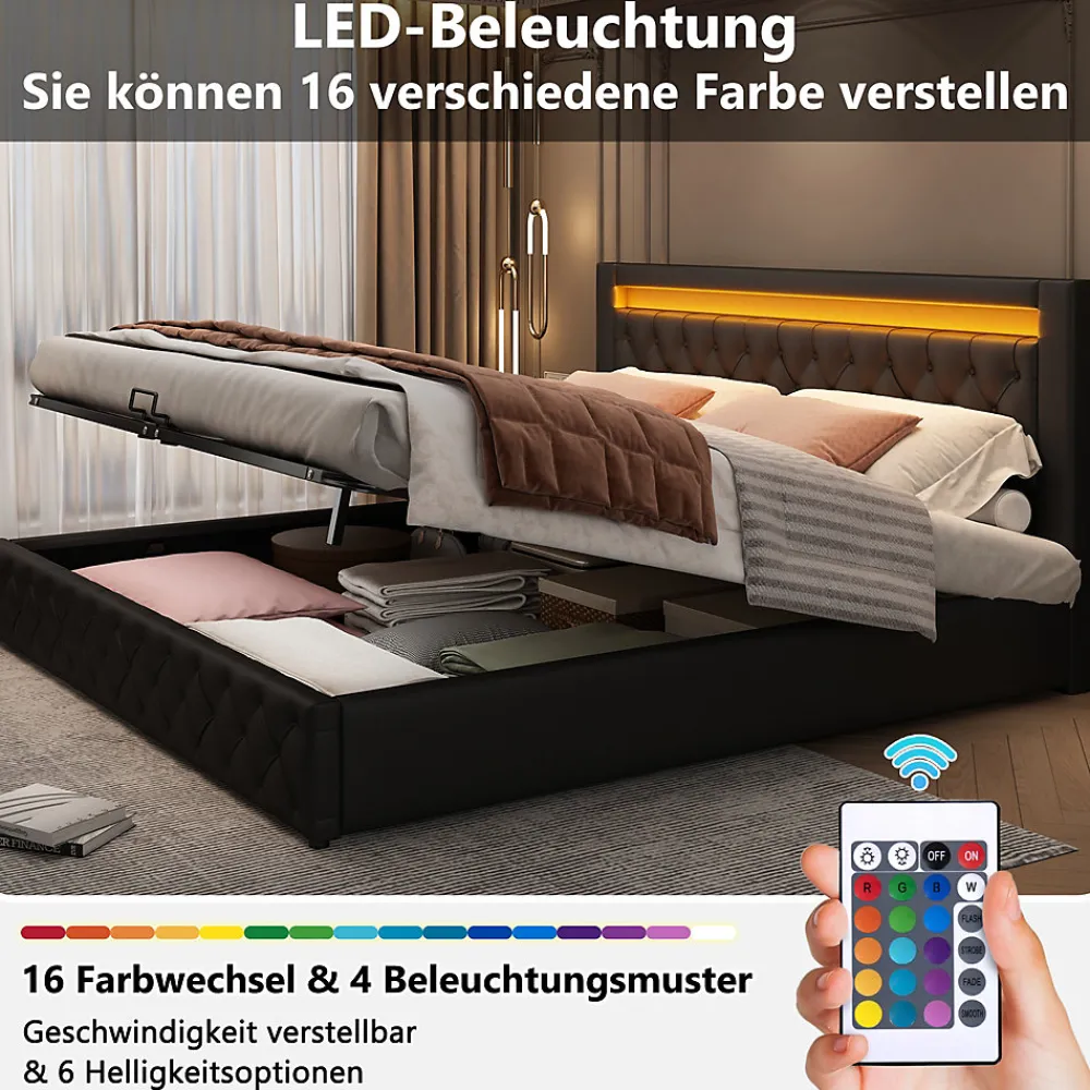 Lit coffre 180x200 cm - Lit double avec coffre de rangement et éclairage LED - Lit capitonné en cuir PU - Sans matelas - Noir>Okwish Best