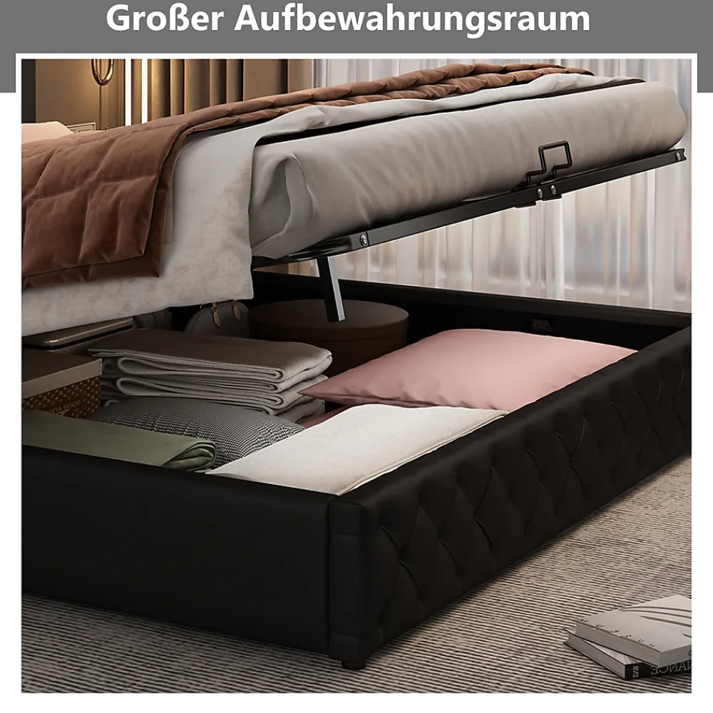 Lit coffre 180x200 cm - Lit double avec coffre de rangement et éclairage LED - Lit capitonné en cuir PU - Sans matelas - Noir>Okwish Best