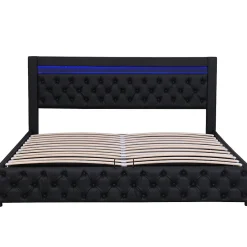 Lit coffre 180x200 cm - Lit double avec coffre de rangement et éclairage LED - Lit capitonné en cuir PU - Sans matelas - Noir><noscript><img width=