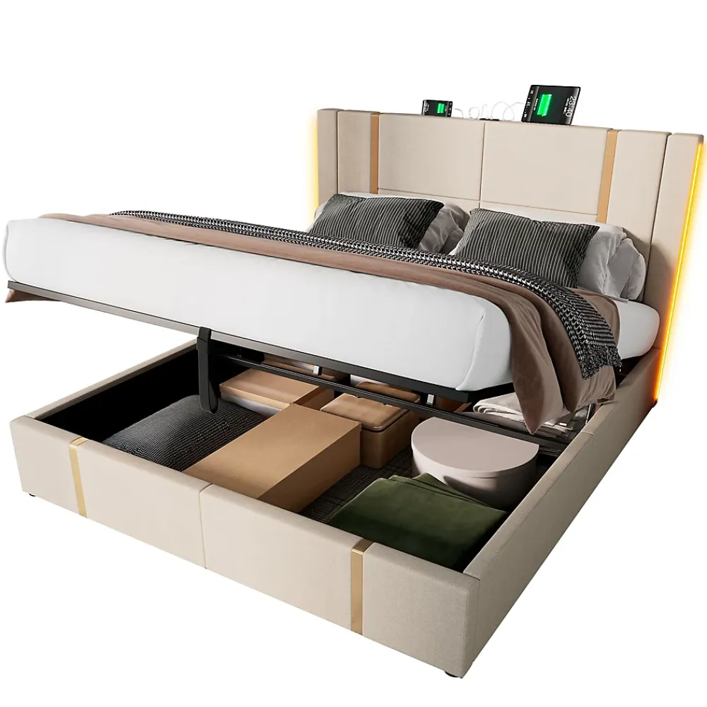 Okwish Lit coffre 180x200 cm - Lit double capitonné avec LED et USB Type C - Textile en lin - Sans Matelas - Beige* Lit Coffre