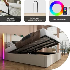 Okwish Lit coffre 180x200 cm - Lit double capitonné avec LED et USB Type C - Textile en lin - Sans Matelas - Beige* Lit Coffre