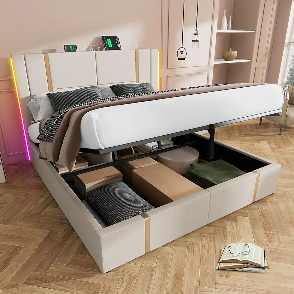 Okwish Lit coffre 180x200 cm - Lit double capitonné avec LED et USB Type C - Textile en lin - Sans Matelas - Beige* Lit Coffre