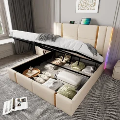 Okwish Lit coffre 180x200 cm - Lit double capitonné avec LED et USB Type C - Textile en lin - Sans Matelas - Beige* Lit Coffre