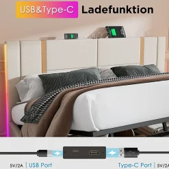 Okwish Lit coffre 180x200 cm - Lit double capitonné avec LED et USB Type C - Textile en lin - Sans Matelas - Beige* Lit Coffre